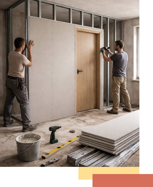 Перегородка из гипсокартона с дверью под ключ в Саяногорске