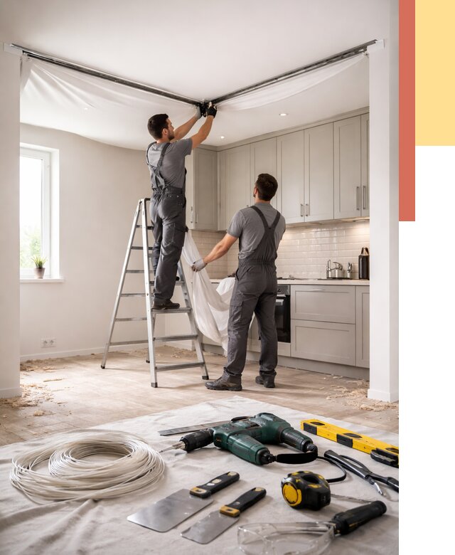 Установка натяжного потолка на кухне в Саяногорске от 2458 руб. | ОТДЕЛОЧНИК-Снг