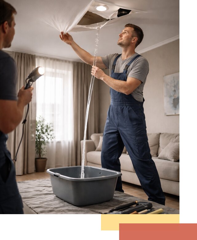 Слив воды с натяжного потолка в Саяногорске быстро и аккуратно