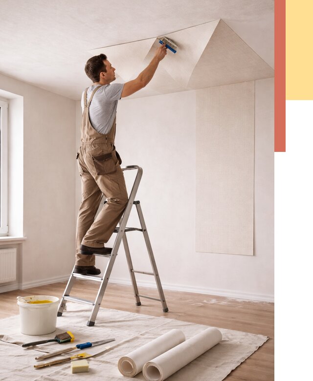 Поклейка обоев на потолок в Саяногорске от 4609 руб. быстро и недорого | ОТДЕЛОЧНИК-Снг